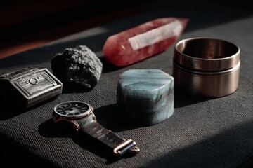 Still life of time piece, metallic box, quartz crystals, and metal container displayed on surface with strong shadows