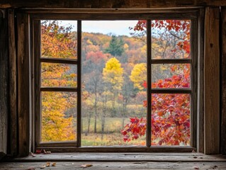 Autumn view through a window in the woods