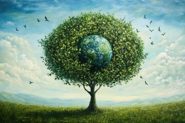 Lush green tree cradles Earth, birds fly, serene landscape