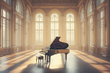 An elegant grand piano stands in the center of a classical hall with high windows. Sunlight streams through the windows. 
Sepia color. The atmosphere is filled with grandeur and harmony.