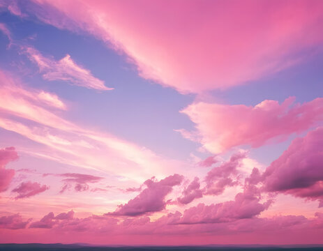 Romantic pink sky background. Clouds are soft at sunset. For a postcard, book illustration. A beautiful scene of a pink sky background, attractive pink clouds in the blue sky