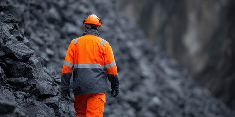 Worker in high-visibility clothing and helmet walks through a rocky area. Industrial labor and safety