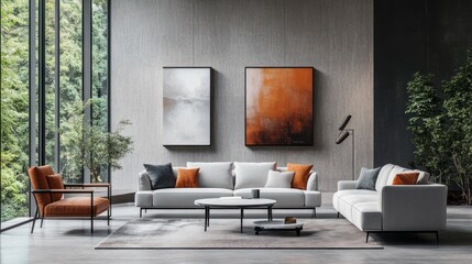 Modern living room with large windows, art, and comfortable furniture. Interior design