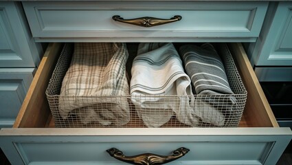 Photorealistic image of a mesh drawer for kitchen tools