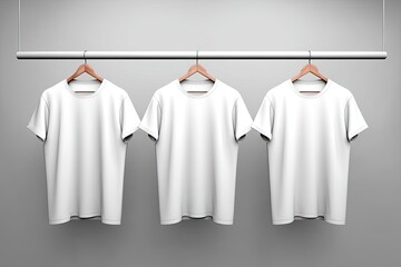 Three Crisp White T-shirts Elegantly Displayed on a Modern Hanging Rack