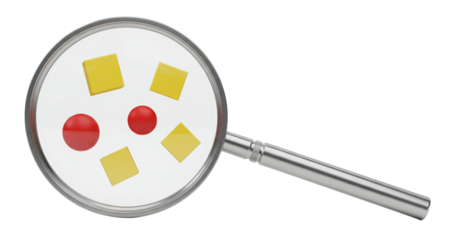Isolated Magnifying Glass Focusing on Red Spheres and Yellow Squares