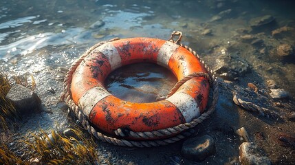 Rusty life preserver on a watery shore