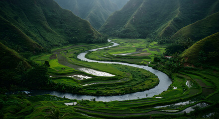 River Flowing Through Green Valley Landscape