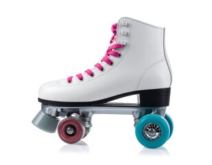 White Roller Skate with Pink and Teal Wheels on White Background