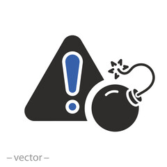 risk of explosion icon, explosives hazard warning, bomb, exclamation mark, flat vector illustration