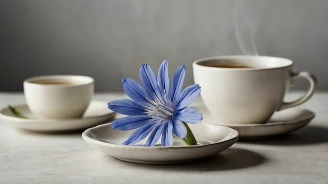 Aromatic chicory herbal tea with steam and flower on white saucer