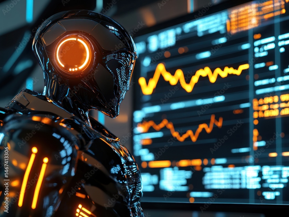Poster futuristic robot analyzing data on a large screen