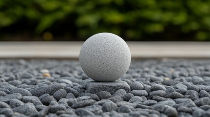 Smooth sphere on a stone base, amidst pebbles