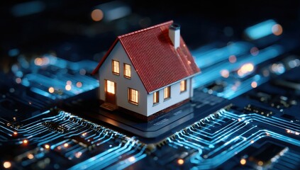 Obraz premium Small House Sitting on Top of an Electronic Circuit Board Representing Modern Technology and Digital Living Concepts