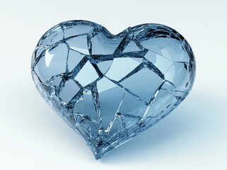 A transparent heart made of shattered and broken glass is set against a white backdrop