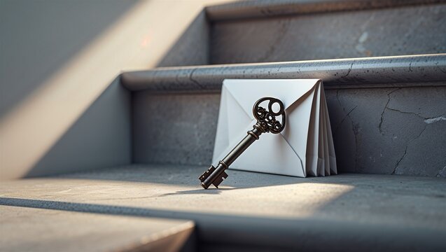 Photorealistic image of a mail key resting on stairs