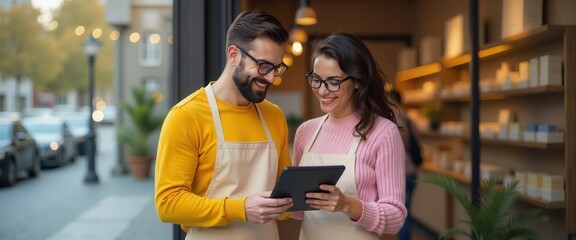 Two smiling small business owners wearing aprons looking at a digital tablet outside their shop entrance, Entrepreneurship and Technology