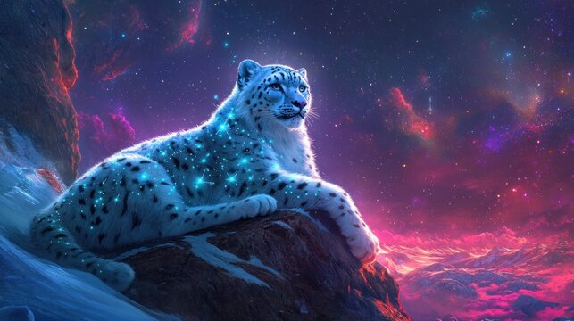 Snow leopard resting on a rocky ledge under a cosmic sky (1)