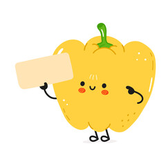 A cheerful yellow Bell Pepper cartoon character holds a blank sign on a white background.