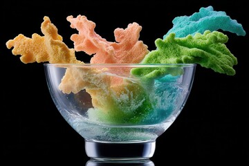 Colorful deep-fried rice crackers in glass bowl on black background
