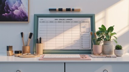 Photorealistic image of a magnetic dry erase calendar board with notes section on a white background