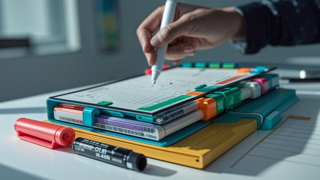 Photorealistic image of a magnetic dry erase calendar board with notes section on a white background
