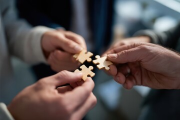 Collaborative teamwork is evident as three individuals hold wooden puzzle pieces, symbolizing unity and problem solving. focus hands and puzzle pieces conveys sense of connection and shared goals