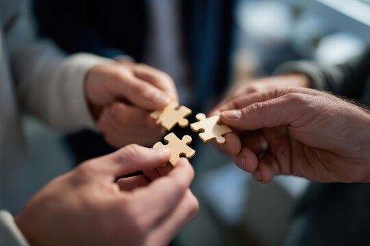 Collaborative teamwork is evident as three individuals hold wooden puzzle pieces, symbolizing unity and problem solving. focus hands and puzzle pieces conveys sense of connection and shared goals