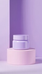 Minimalist product display of purple cosmetic cream jar on pink cylinder. Beauty concept.