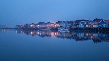Fototapeta premium Foggy Night Reflection of Homes Along Calm Waterway in Coastal Town