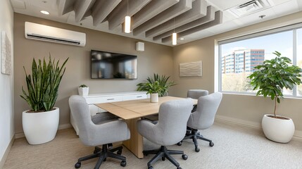 Fototapeta premium Collaborative workspace with adjustable height conference table, mesh office chairs, wall-mounted digital flipchart, potted plants and acoustic wall tiles under sleek linear pendant fixtures