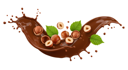 Splash de chocolate com avelãs inteiras e partidas, acompanhado de folhas verdes, sobre fundo preto. Conceito de sabor, sobremesa e ingredientes naturais.

