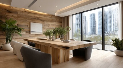 Professional boardroom space with rectangular oak table, charcoal upholstered chairs, built-in cable management trough, wall-mounted control panel and panoramic city view through tinted windows