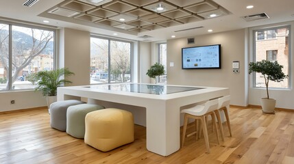Fototapeta premium Sleek innovation lab meeting area with white Corian table, colorful ergonomic seats, interactive touch screen table surface, neon accent lighting and modular acoustic ceiling panels