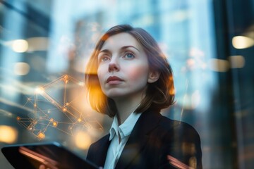 Fototapeta premium Businesswoman looking thoughtfully at tablet with digital overlay