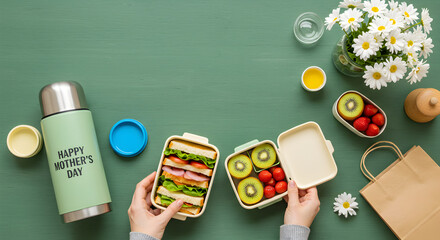 Happy mother's day picnic lunch box sandwich kiwi strawberry daisy flowers thermos gift celebration idea