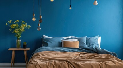 Interior de dormitorio con una acogedora cama sobre un fondo de pared azul.