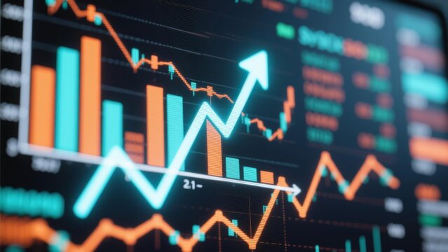 Glowing upward arrow graph on digital screen with financial charts, symbolizing stock market growth, corporate success and positive economic trends.