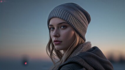 Photorealistic image of a knitted beanie in a street fashion photoshoot