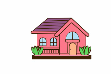 Cute Cartoon House Icon – Colorful Suburban Home Illustration with Plants