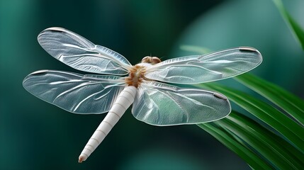 Stunning Dragonfly with Transparent Wings on Green Leaf Background