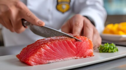 Chef Slicing Fresh Salmon Fillet with Sharp Knife on Plate