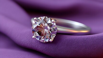 Elegant Diamond Ring on Soft Purple Fabric Background