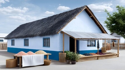 Traditional Rural House with Straw Roof and Outdoor Market Setup