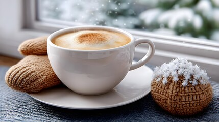 Warm Coffee Cup with Mittens by Window on a Snowy Winter Day