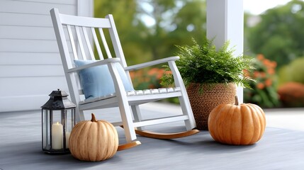 Cozy Autumn Scene with Rocking Chair, Pumpkins, and Lantern