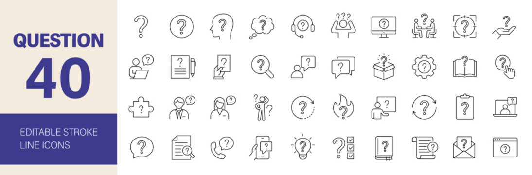 Question icon set. Containing problem, confusion, ask, question mark, help, speech, button, chat, questioning, problem solve and more. Editable line icons. Vector illustration.