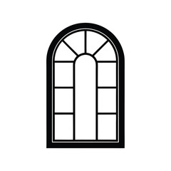 Arch window silhouette vector illustration. Vintage architectural window design, black outline, classical building decor art

