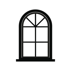 Arch window silhouette vector illustration. Vintage architectural window design, black outline, classical building decor art

