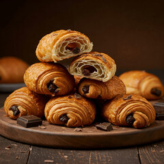 Artistic stack of golden-brown pain au chocolat pastries with visible chocolate filling, some halved to reveal the layers, on a round wooden board with chocolate pieces and shavings.